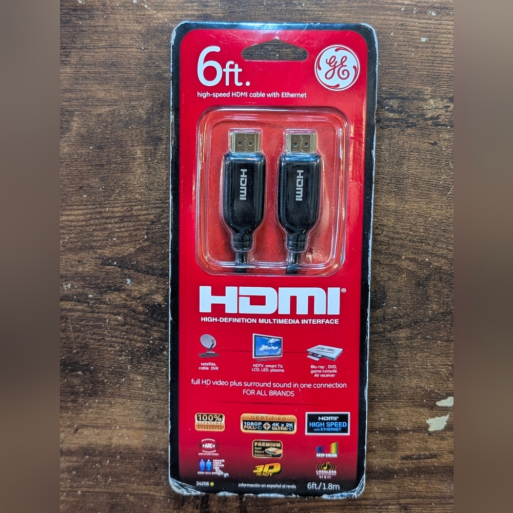 GE 6ft HDMI Cable with High Speed Ethernet Smart TV DVD DVR Gaming Computer HDTV